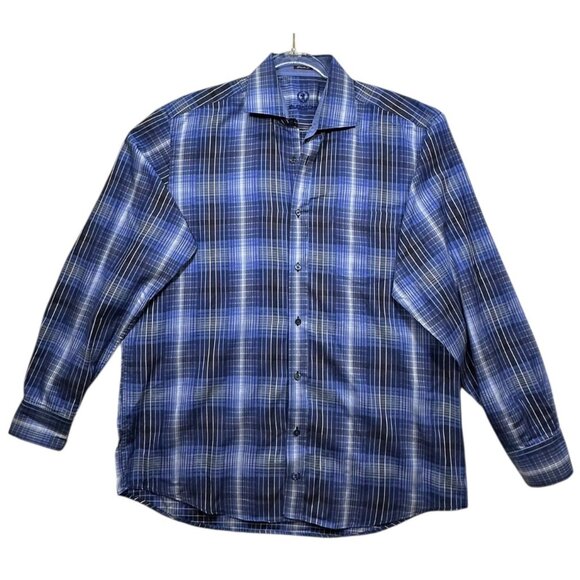 Bugatchi Uomo Mens Classic Fit Long Sleeve Button-Up Shirt Blue Plaid Collar - Picture 2 of 7